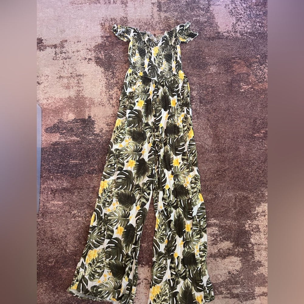 Justify Green and Yellow Leaf Print pant romper